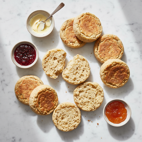 Sourdough English Muffins flat lay with butter and jam